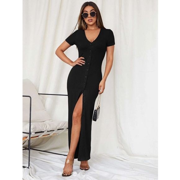 Black Rib Knit Button Down Short Sleeve Long Dress - Picture 2 of 7